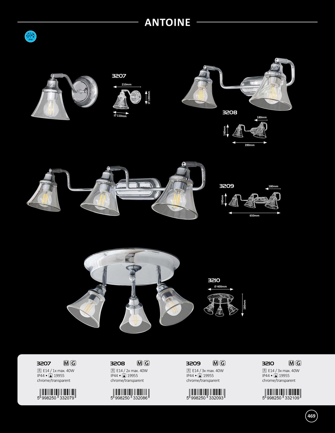 Rabalux 3208 - Faretto da bagno ANTOINE 2xE14/40W/230V IP44